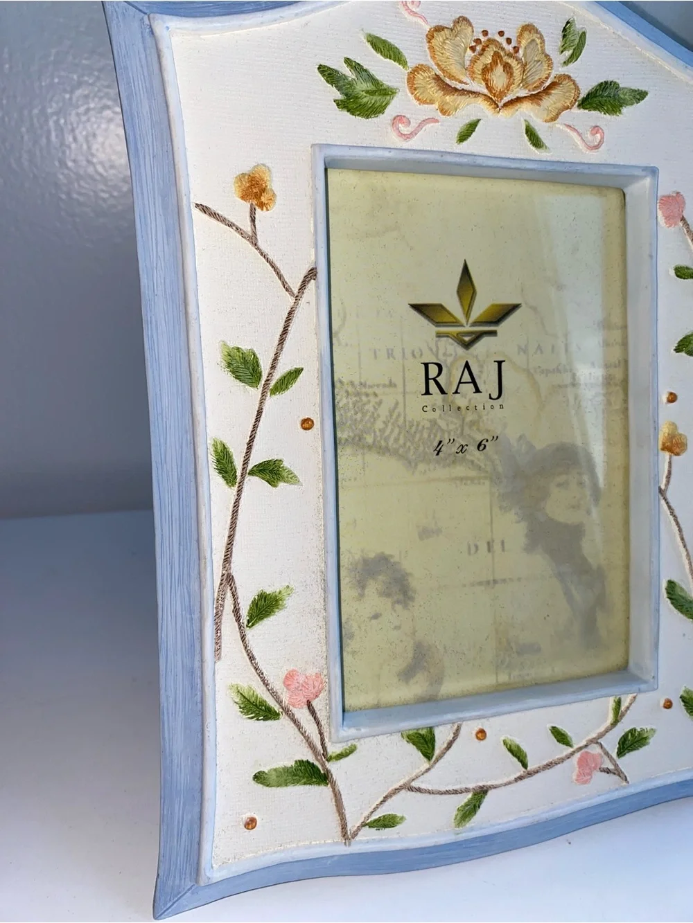 New Raj Hand-Painted 4x6 Floral Photo Frame in Blue, Cream, Green, Pink, Gold